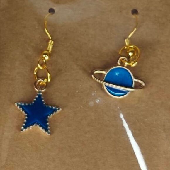 Celestial Planet and Star Gold Blue Earrings - Picture 1 of 1
